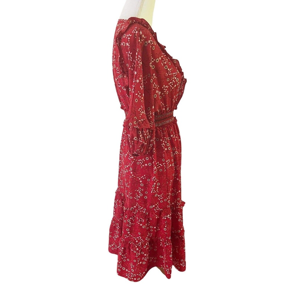 Max Studio Red Floral Bubble Crepe Knee Length Cottagecore Style Dress Size XS - Picture 4 of 8